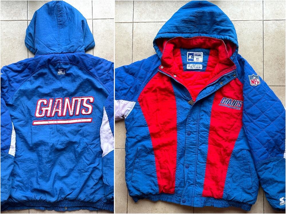 New York Giants 90s STARTER puffer Color Block hood jacket 2XL blue NFL Pro vtg